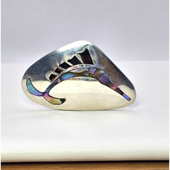 Alpaca Silver Screw Back Earring Abalone Inlay Swordfish Upcycle Craft - Picture 8 of 15